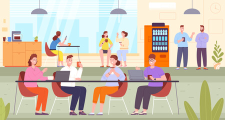 Poster - Coworkers coffee break. Gathering employees on office kitchen, staff business lounge space indoor digital agency lunch conversation at beverage machine splendid vector illustration