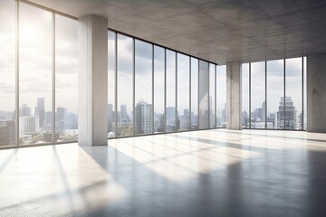 Poster - Illustration of an empty room with panoramic views of a bustling city. Generative AI