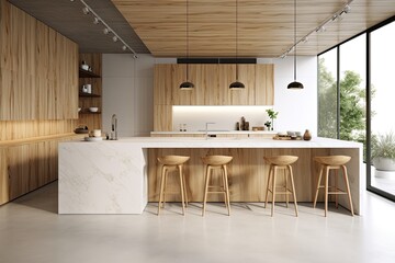 Poster - modern kitchen with a sleek marble island and stylish wooden stools. Generative AI