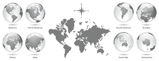 Gray Dotted Map and Globe of the World - Continents, America, Europe, Asia, Africa, Australia, Vector design illustration