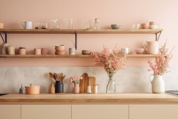 Poster - colorful kitchen with shelves filled with dishes and vases. Generative AI