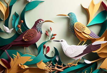 Colorful paper art birds illustration generative ai