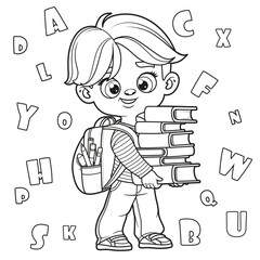 Poster - Cute cartoon boy holding large stack of books outlined for coloring page on a white background