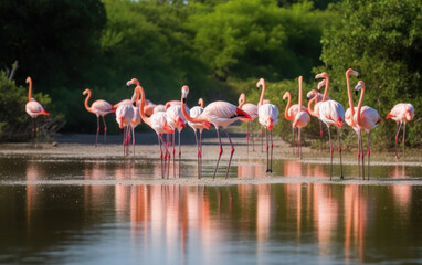 flock of flamingos in the water. generative ai
