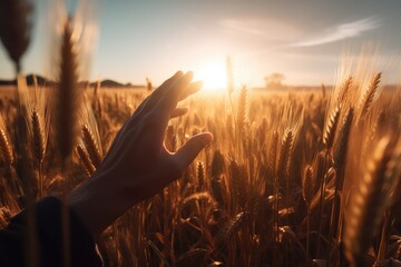 Closeup of a farmer's hand touching the top of a wheat stalk, while sun rays are breaking through the sunset in the background Generative AI