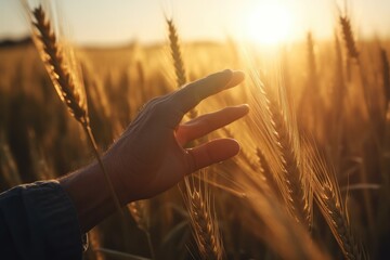 Closeup of a farmer's hand touching the top of a wheat stalk, while sun rays are breaking through the sunset in the background Generative AI