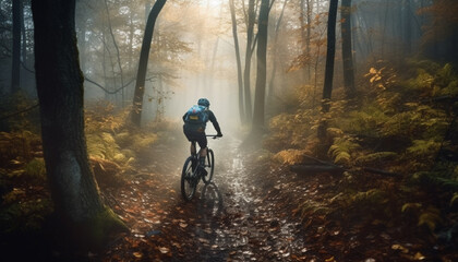 Sticker - Cycling through foggy forest, athlete healthy pursuit generated by AI