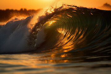 Wall Mural - Sunrise light on the breaking wave generative AI