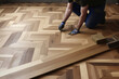 A craftsman laying parquet flooring created with generative AI technology.