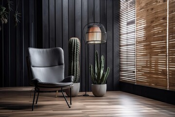 Poster - minimalist room with a chair and a cactus plant. Generative AI
