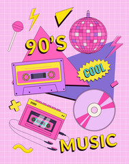 Retro 90's music festival poster, invitation card or banner with audio player, cassette, disco ball and geometric elements. Disco vector background illustration. Memphis style.