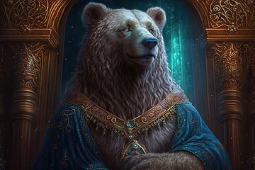 Wall Mural - enchanted joy revered by a majestic king-like beast - regal fantasy bear generative ai