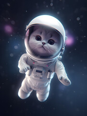 tiny cute cat astronaut flying in space