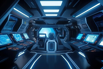 Wall Mural - Control room in spacecraft, interior of space station or spaceship, generative AI.