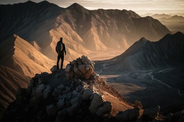 Canvas Print - Person looking from the top of a mountain. AI generated, human enhanced.