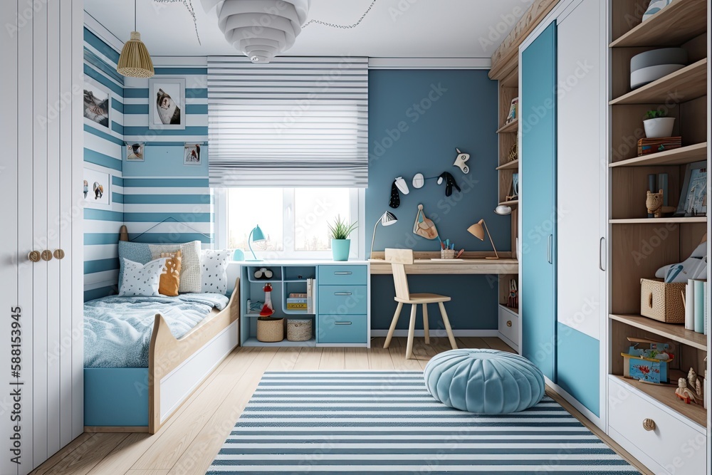 child's bedroom with blue and white striped walls and playful decor ...