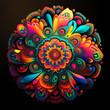 © David - Retro Mandala Magic: Vibrant Circular Image with 80s-inspired Vibes on Black Background