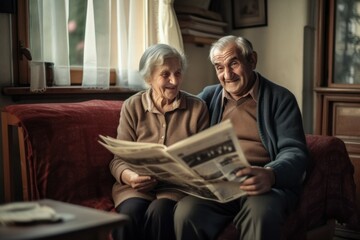 An older family, a couple of pensioners are reading a newspaper. AI generated, human enhanced