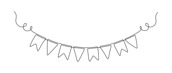 Aufkleber - Garland bunting with flags in one continuous line drawing. Birthday and jubilee party decoration in simple linear style. Festoon for celebrate carnival and festivals. Editable stroke. Contour vector