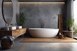modern bathroom with a freestanding white bathtub as the centerpiece. Generative AI