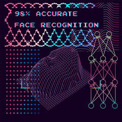 Poster - 3D polygonal face made of mesh on a dark background and pixelated text 