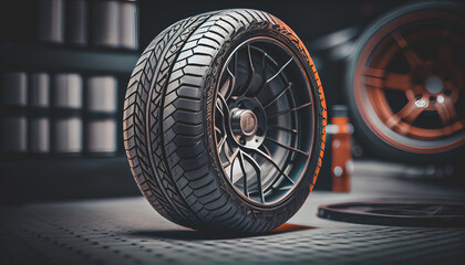 tire at repairing service garage background. Replacing winter and summer tyre for safety road trip.