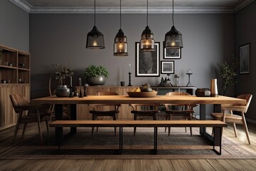 Canvas Print - cozy dining room with rustic wooden furniture. Generative AI