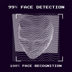 Poster - 3D polygonal face made of mesh on a dark background and pixelated text 