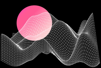 Poster - 3D landscape made of a polygonal grid. Sci-fi vaporwave and synthwave style background. 