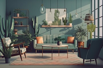 Poster - cozy living room with abundant greenery and stylish furniture. Generative AI