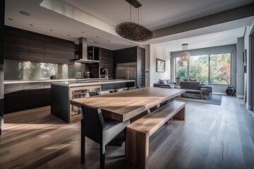 Canvas Print - spacious kitchen with a rustic wooden dining table and chairs. Generative AI