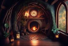 Hobbit House Interior, Inside Fantasy Wooden Hut With Fireplace In Forest, Generative AI