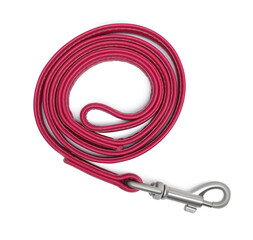 Wall Mural - Red leather dog leash isolated on white, top view