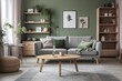 © AkuAku - cozy living room with green walls and furniture. Generative AI