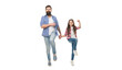 © be free - Happiness is homemade. Happy family photo shoot in studio. Man and child walk holding hands. Father and daughter enjoy happiness. Happiness and pleasure. Happiness concept. Positive state of mind