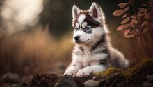 Beautiful Husky Baby Or Puppy Portrait In Nature Generative Ai