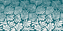 Blue Green Abstract Background With Tropical Palm Leaves In Matisse Style. Vector Seamless Pattern With Scandinavian Cut Out Elements.