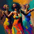 African women dancers. Joyful celebration in colorful abstract art painting.