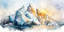 Glacier In Arctic Waters With Iceberg. Snowy Landscape In A Winter Wonderland. Watercolor Painting Background Wallpaper.