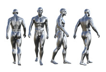 3D Render : Portrait Of Silver, Iron Metal Texture Male Dummy Character Is Walking, PNG Transparent