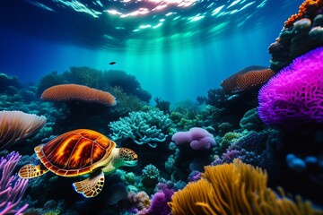  A vibrant underwater coral reef teeming with colorful fish and marine creatures, featuring a curious sea turtle swimming among the coral, a sunbeam shining through the water