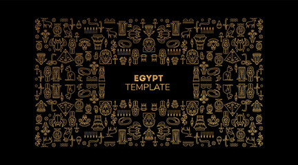 Decorative african border, vector linear Egipt cover template. Bright orange and black art decoration shapes. Line style with space for text - geometric ethnic frame, luxury packaging, advertising, 