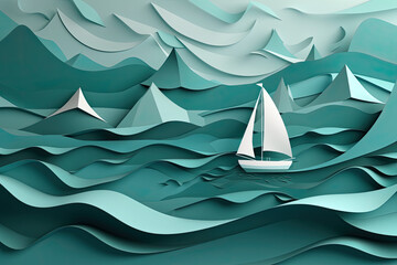 Poster - Paper art, abstract background with origami shapes. Paper waves, layers texture. Geometric design layout. Sail boat in ocean water surrounded by mountains, big sea waves, generative AI