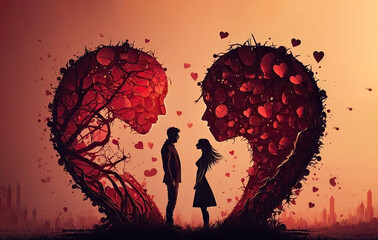 Wall Mural - a man and a woman standing in front of heart shaped tree (generative ai)