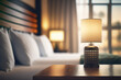 Table-top view of beside table or nightstand on blurred cozy night ambiance at hotel room with bokeh background. Empty wooden table for product display and customization. Flawless Generative AI