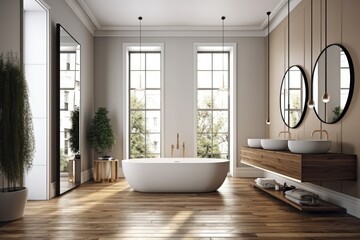 Sticker - luxurious bathroom with a spacious tub and dual mirrors. Generative AI