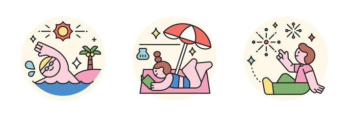 Wall Mural - people enjoying summer. outline style character design. swimming in the sea, reading a book on the b