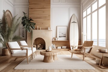 Wall Mural - cozy living room with a fireplace and comfortable furniture. Generative AI