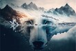© InfiniteFlow - image shown by polar bear suffer due to melting ice caused by the impact of climate change on double exposure of global warming turning arctic hotter in background. Superb Generative AI.
