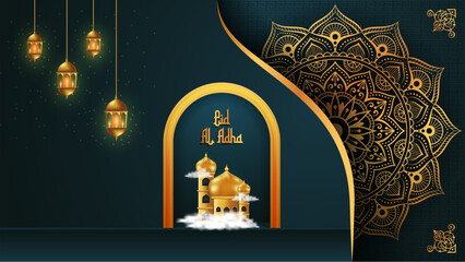 Poster - Islamic greetings Ramadan Kareem card design background with lanterns and crescent moon